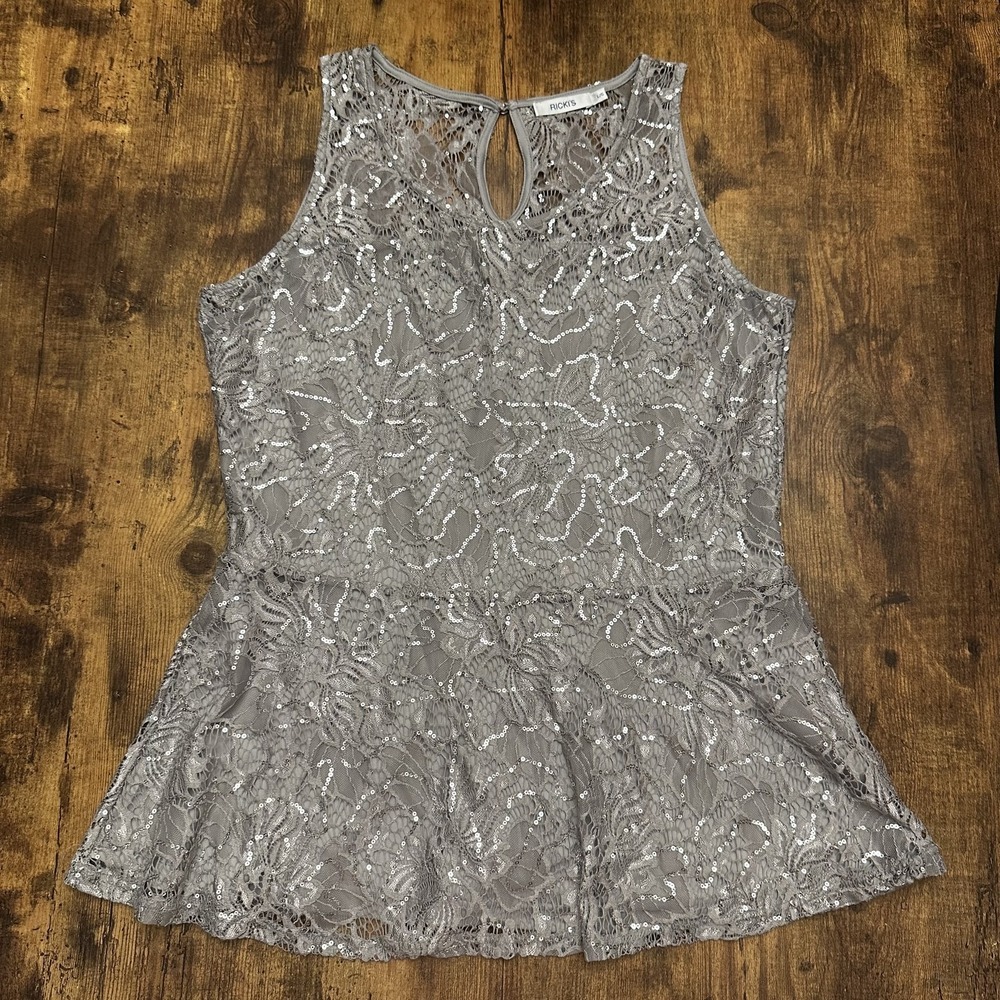 Ricki's Women's Grey Floral Lace Sequin Peplum Tank Top - Large